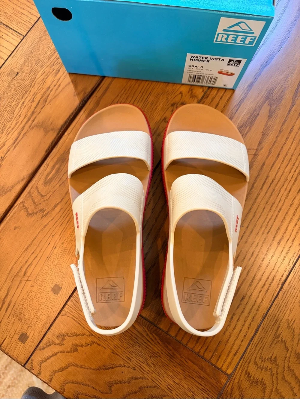 REEF WATER VISTA HIGHER S 6  FIRECRACKER Platform Sandal in Cream, Red & Blue
